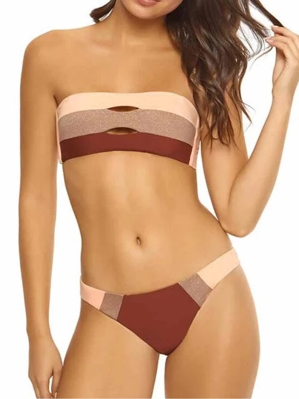 PilyQ Colorblock Bandeau Bikini Set in MULTI papaya and Brown